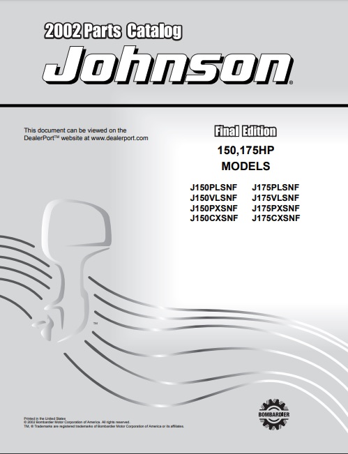 2002 Johnson Evinrude 150HP 175HP Parts Catalog Manual